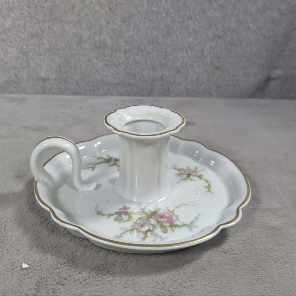 Limoges Haviland Porcelain Candle Holder Handle Pink Floral Gold ~ France